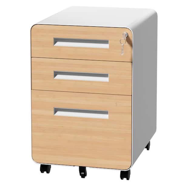 3 Drawer Metal Mobile File Cabinet w/Lock All-Steel Office Storage Cabinet on Wheels Printer Stand Fully Assembled, Oak