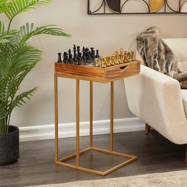 Litton Lane 17 in. Gold Chess Single Drawer Large Square Wood End Accent Table