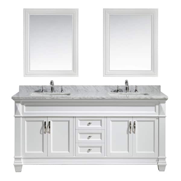 Design Element Hudson 72 in. W x 22 in. D x 35 in. H Vanity in White with Marble Vanity Top in Carrara White, Basin and Mirror