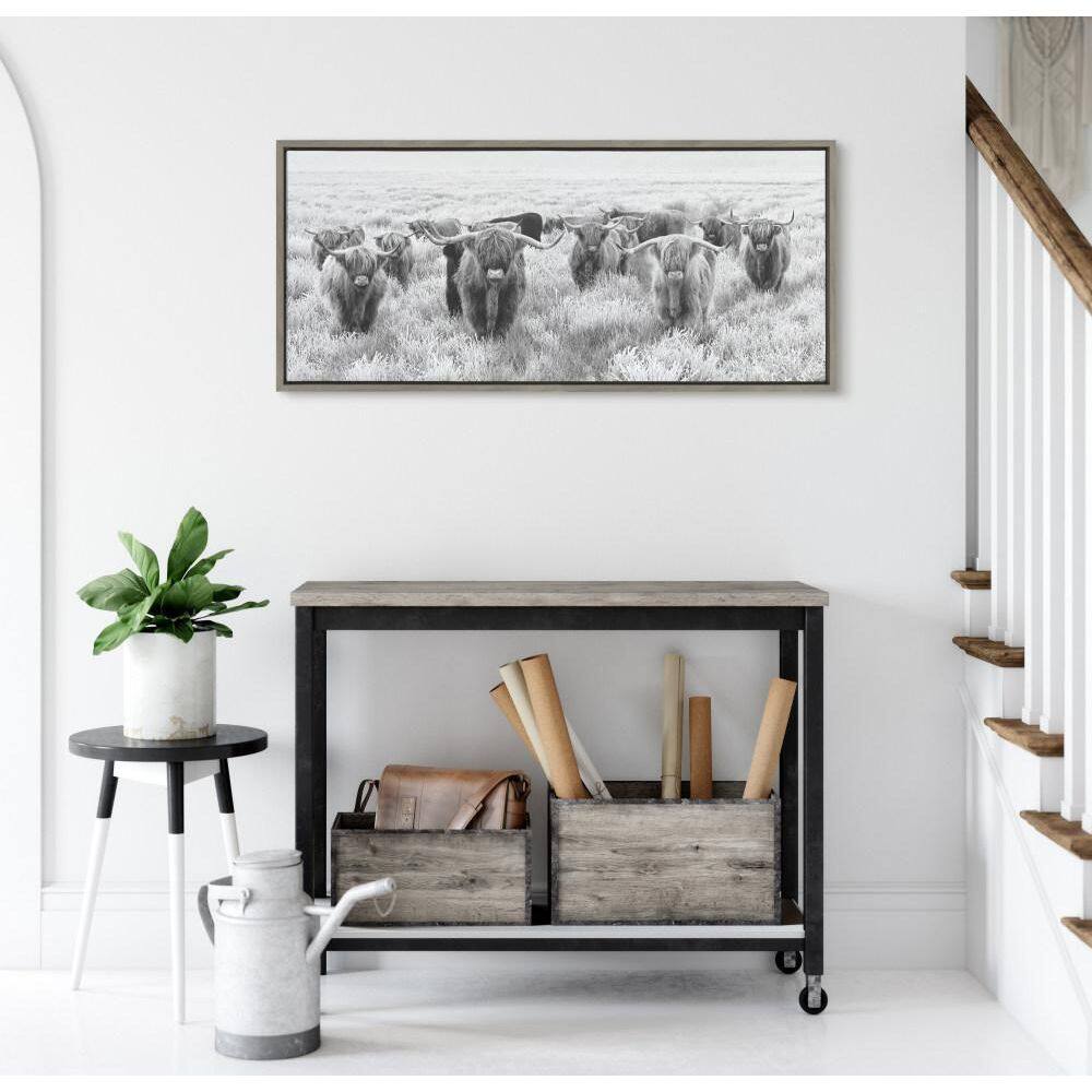 Herd of Highland Cows Black and White Framed Canvas Art