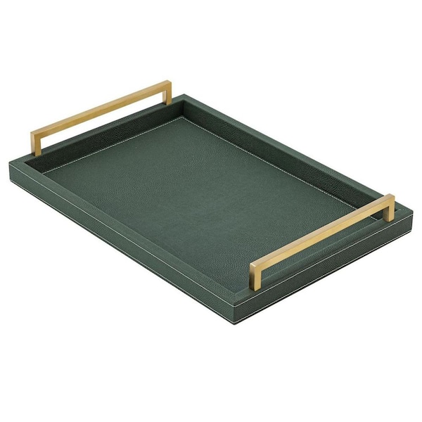 Unbranded Green Faux Leather Serving Tray with Brushed Gold Handles (17 x 12 in.)