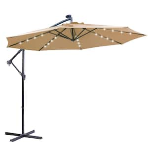 10 ft. Metal Cantilever Solar Patio Umbrella in Taupe with Crank and Cross Base