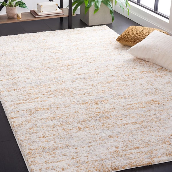 Berber Shag Ivory/Light Gold 9 ft. x 12 ft. Solid color Striped Area Rug