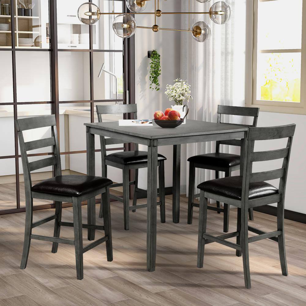5-Piece Grey Square Counter Height Wooden Kitchen Dining Set Dining Room Set with Table and 4-Chair
