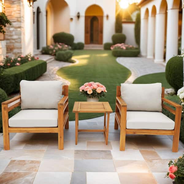 Dayo 3-Piece Acacia Wood Patio Conversation Set with Gray Cushions