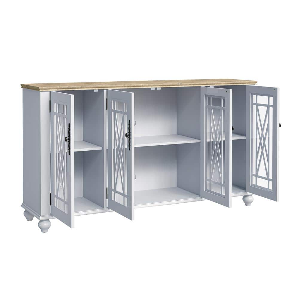 Festivo 63" Grayish-White Wood and Glass Sideboard Cabinet