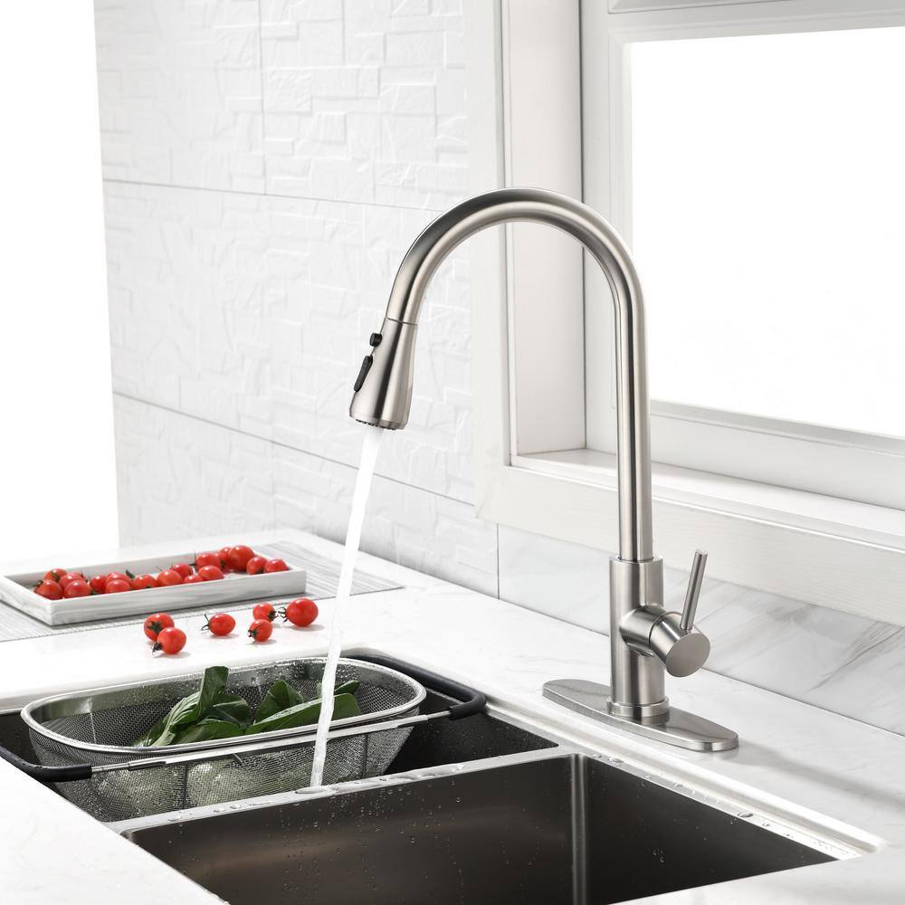 Brushed Nickel Stainless Steel Pull-Out Kitchen Faucet with Deck Plate