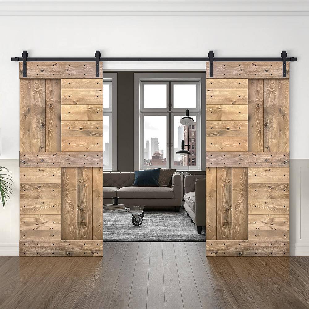 60-in x 84-in Light Brown Pine Wood Double Barn Door with Black Hardware