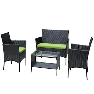 4-Piece Wicker Patio Furniture Set with Green Cushions,PE Rattan Conversation Set 2-Tier Glass Table,Loveseat Cushioned