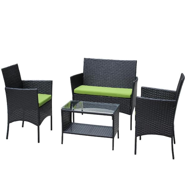 Unbranded 4-Piece Wicker Patio Furniture Set with Green Cushions,PE Rattan Conversation Set 2-Tier Glass Table,Loveseat Cushioned