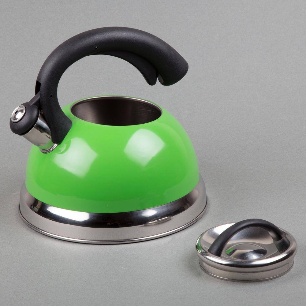 Green Stainless Steel Whistling Tea Kettle with Black Handle
