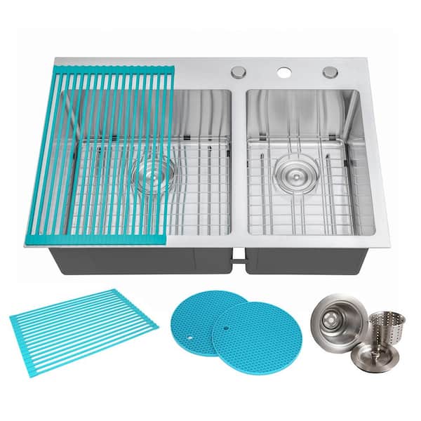 eModernDecor Drop-in Top Mount 16-Gauge Stainless Steel 33 in. x 22 in. x 10 in. 60/40 Offset Double Bowl Kitchen Sink Combo