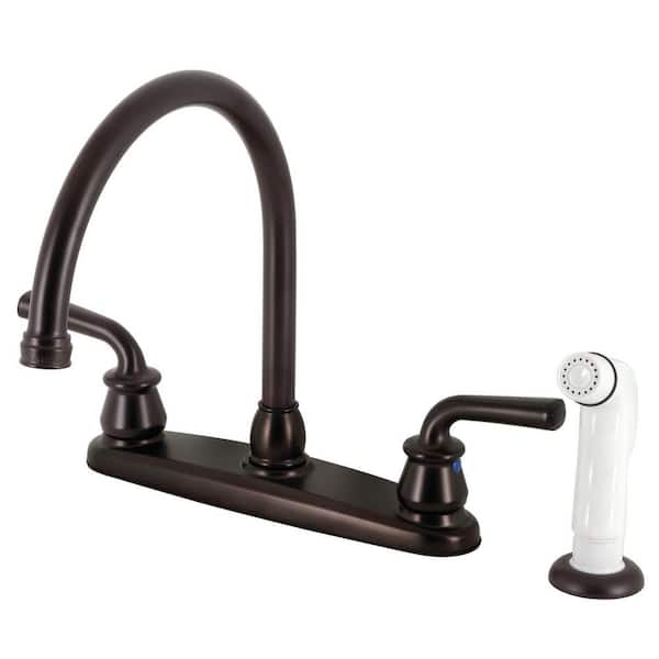 Kingston Brass Restoration 2-Handle Deck Mount Centerset Kitchen Faucets with White Sprayer in Oil Rubbed Bronze