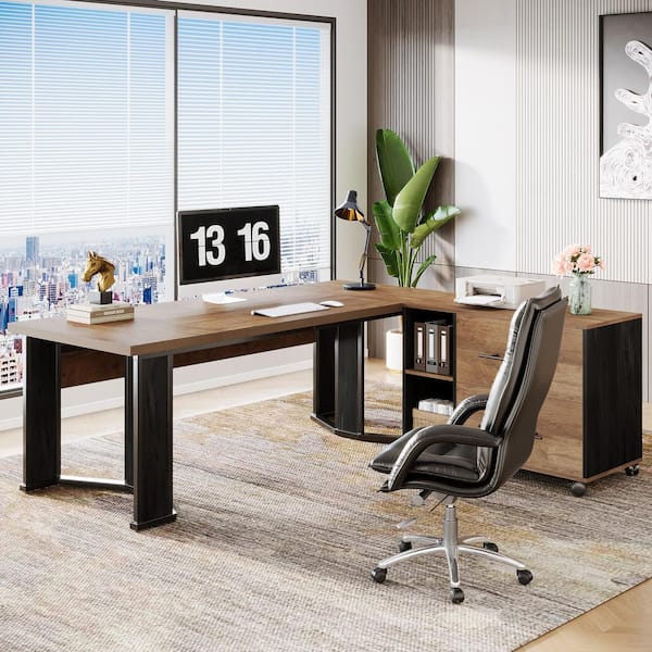 Capen 70.86 in. L-Shaped Light Brown and Black Wood Executive Desk with File Cabinet, Computer Desk for Home Office