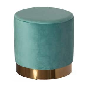 Modern Round Velvet Fabric Standard Ottoman Stool with Gold Base, Teal blue