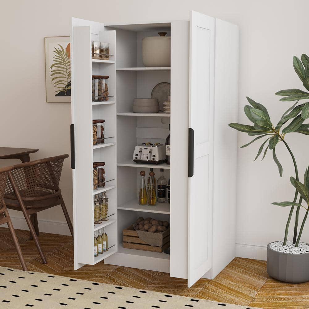 White Wood Pantry Organizer with Doors and Shelves Freestanding Kitchen Cup