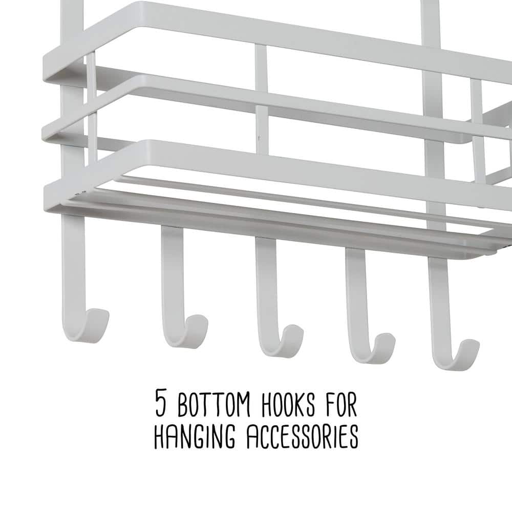 White Powder-Coated Metal Over-Cabinet Door Organizer with Hooks