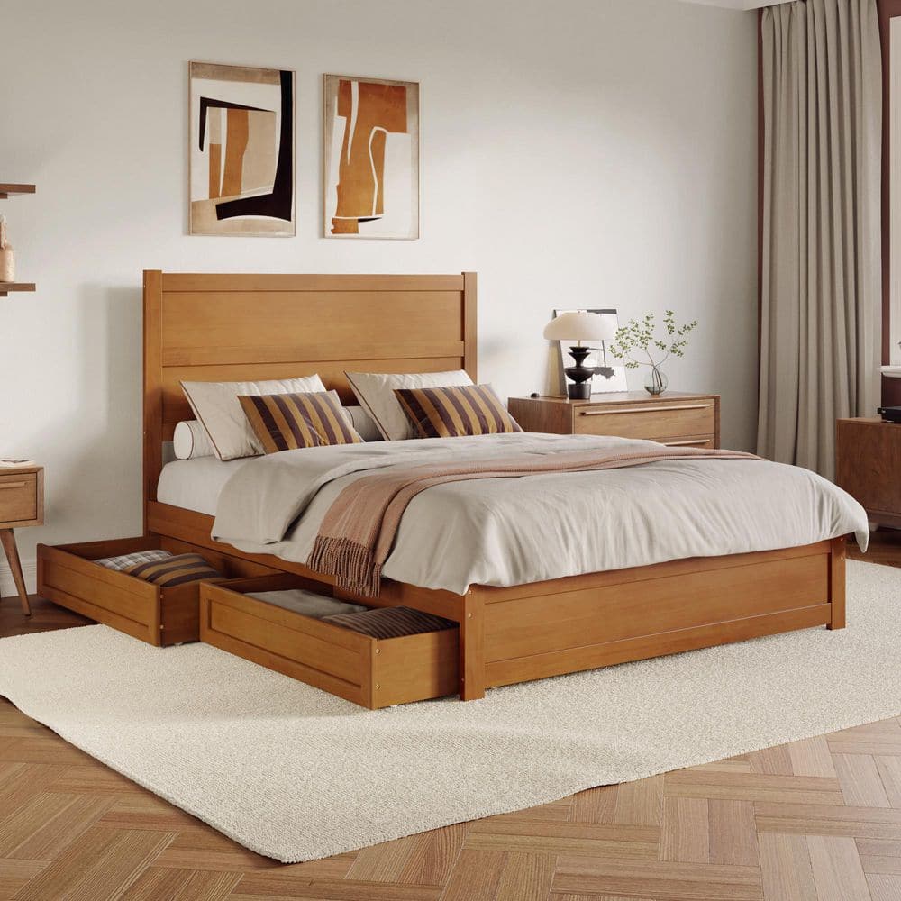 Aveline Light Toffee Natural Bronze Wood Frame Queen Platform Bed with Matching Footboard and Storage Drawers