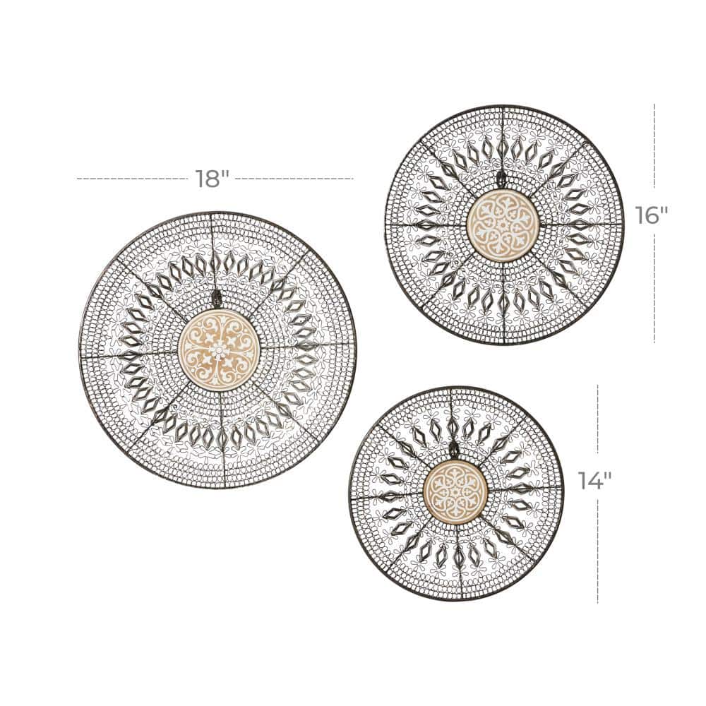 Set of Three Black and Natural Metal Circle Wall Sculptures