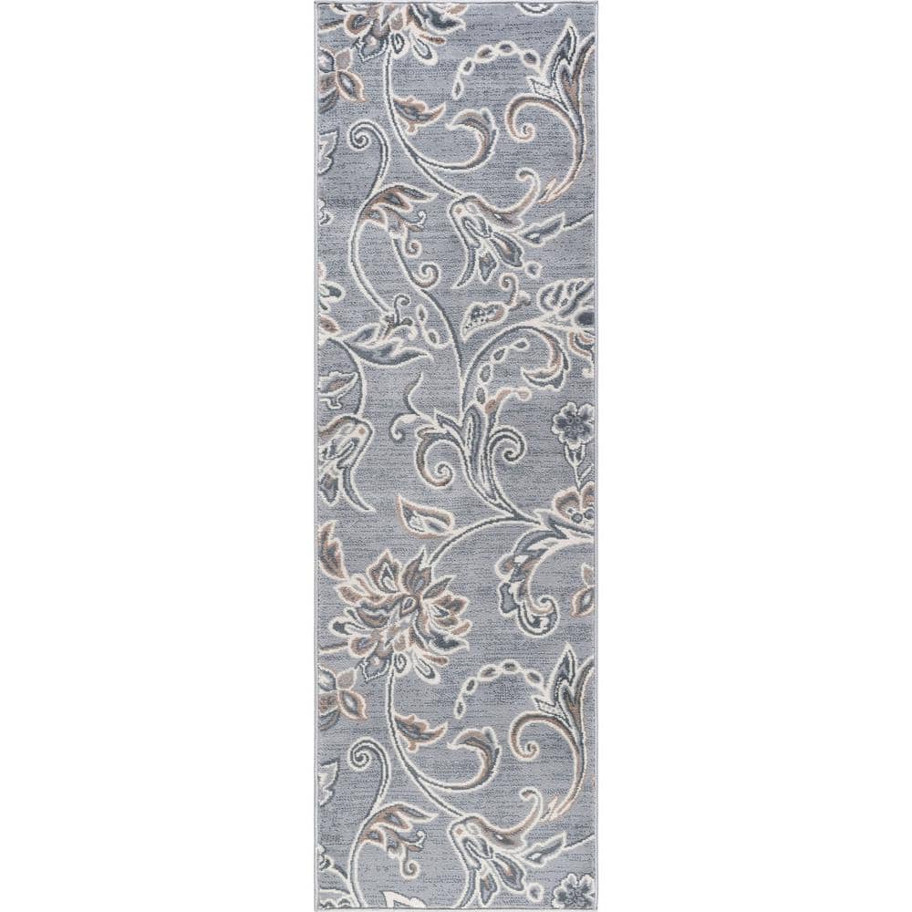 Gray Floral Reversible Synthetic Runner Rug, 2' x 10'