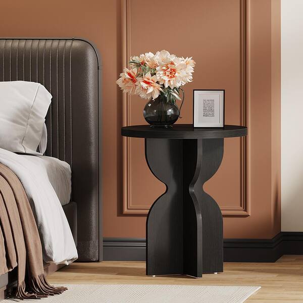 BYBLIGHT Kerlin 19.7 in. Black Small Side Table, Round Wood End Table Snack Table Hourglass-Shaped Pedestal (2-Pieces)