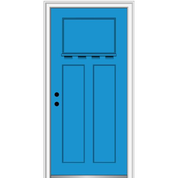 MMI Door 36 in. x 80 in. Shaker Right-Hand Craftsman 3-Panel Painted Fiberglass Smooth Prehung Front Door with Dentil Shelf