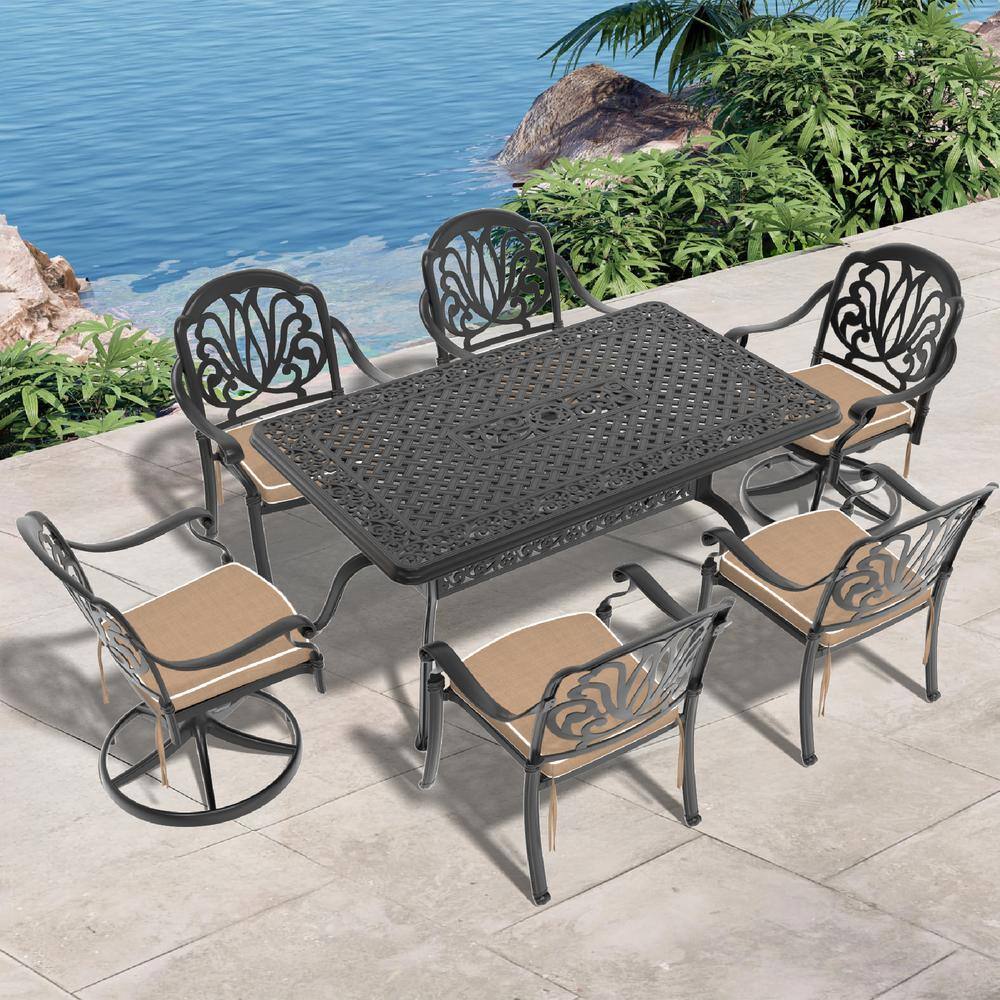 Elizabeth 7-Piece Cast Aluminum Outdoor Dining Set with Rectangular Table and Swivel Dining Chairs with Brown Cushion