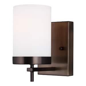 Zire 4.375 in. W 1-Light Brushed Oil Rubbed Bronze Bathroom Vanity Light with Etched White Glass Shade