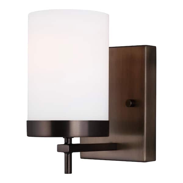 Generation Lighting Zire 4.375 in. W 1-Light Brushed Oil Rubbed Bronze Bathroom Vanity Light with Etched White Glass Shade