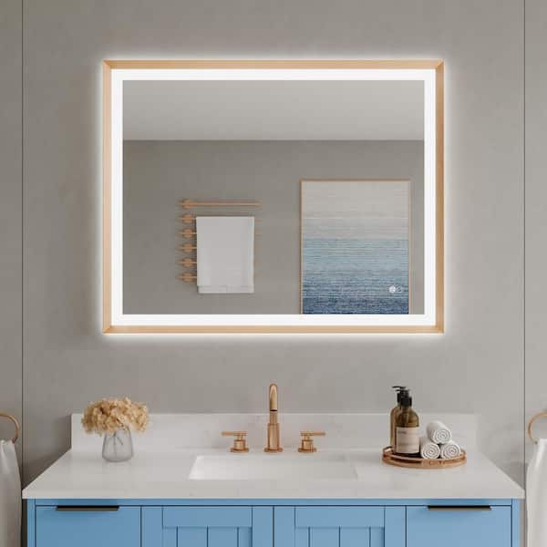 40 in. W x 32 in. H Rectangular Slope Framed Defog Backlit Front Light Wall LED Bathroom Vanity Mirror in Brushed Gold