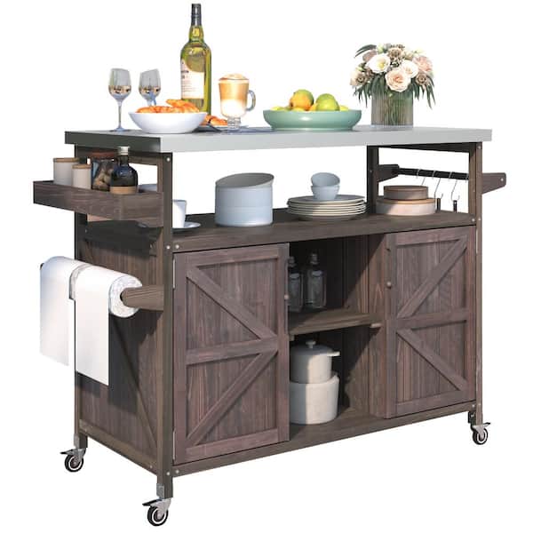 Unbranded Kitchen Island Wood Outdoor Bar Rolling Cart, Storage Cabinet, Table w/Stainless Steel Top Spice And Towel Rack in Brown