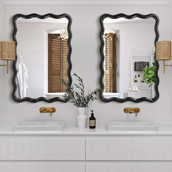 24 in. W x 36 in. H Rectangle Black Wood Framed Wavy Wall Mirror (2-Pieces)