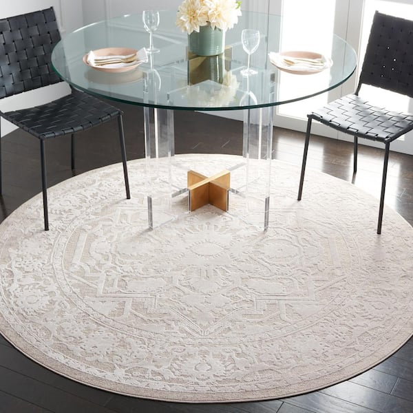 Reflection Beige/Cream Doormat 3 ft. x 3 ft. Border Floral Round Area Rug