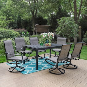 Black 7-Piece Metal Outdoor Patio Dining Set with Extendable Table and Padded Textilene Swivel Chairs