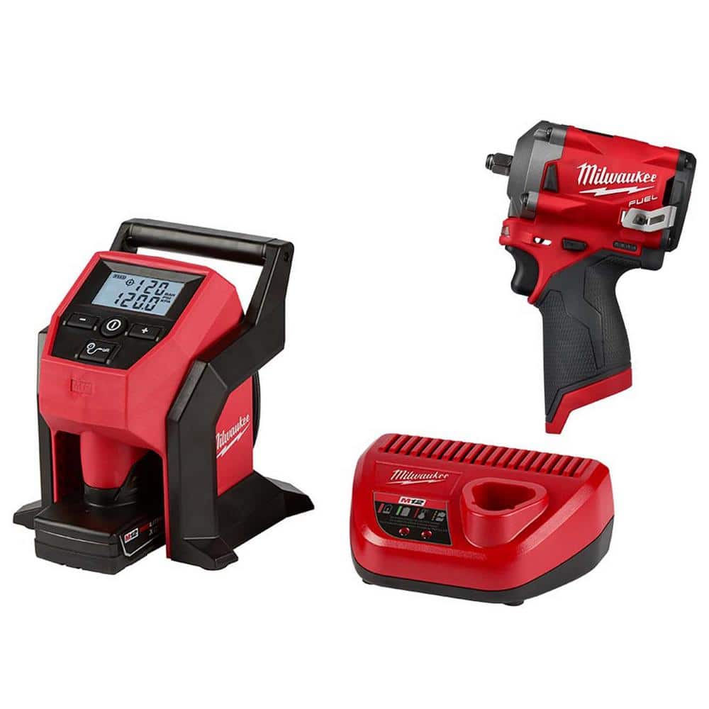 Milwaukee M12 Cordless Compact Inflator Kit w/4.0 Ah Battery and Charger w/M12 FUEL Cordless Stubby 3/8 in. Impact Wrench -  2475-21XC-2554