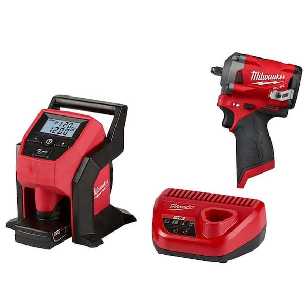 Milwaukee M12 Cordless Compact Inflator Kit w/4.0 Ah Battery and Charger w/M12 FUEL Cordless Stubby 3/8 in. Impact Wrench