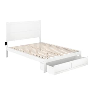 NoHo White Queen Solid Wood Storage Platform Bed with Foot Drawer
