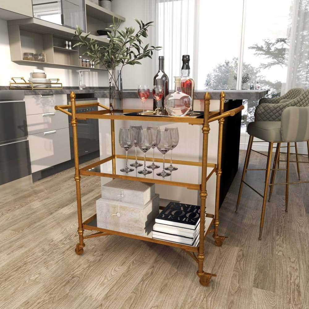 Elegant Brass 35" Rolling Bar Cart with 3 Mirrored Shelves and Handles