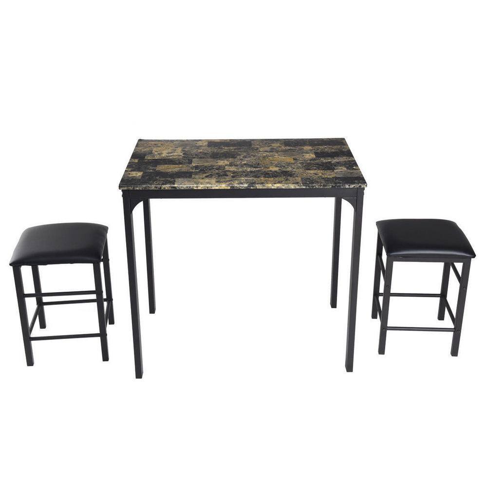 Costway 3-Piece Dark Faux Marble Pub Table Set with Black Chairs