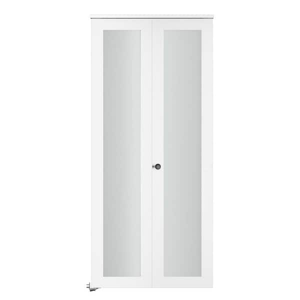 30 in. x 78 in. 1-Lite Frosted Glass Solid Core White Finished MDF Interior Closet Bi-fold Door with Hardware Kit