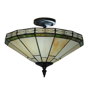15.75 in. 2-Light Beige Vintage Elegant Stained Glass Semi-Flush Mount Ceiling Light