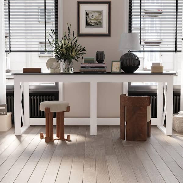 FUFU&GAGA White & Walnut 83.9 in. W Rectangle Wooden No Drawer Writing Desk, Computer Desk with Long Table Top