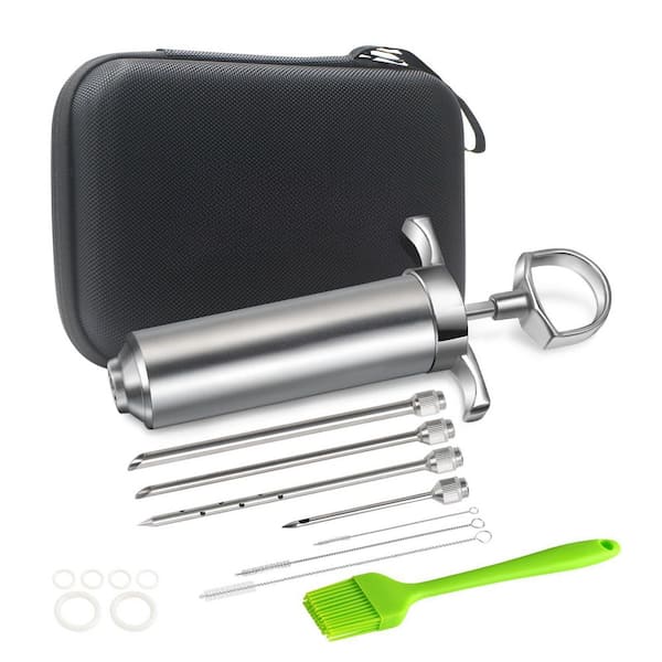 6.8 in. Stainless Steel Meat Injector Syringe, 4 Marinade Needles, Travel Case, for BBQ Grill Smoker, Silver