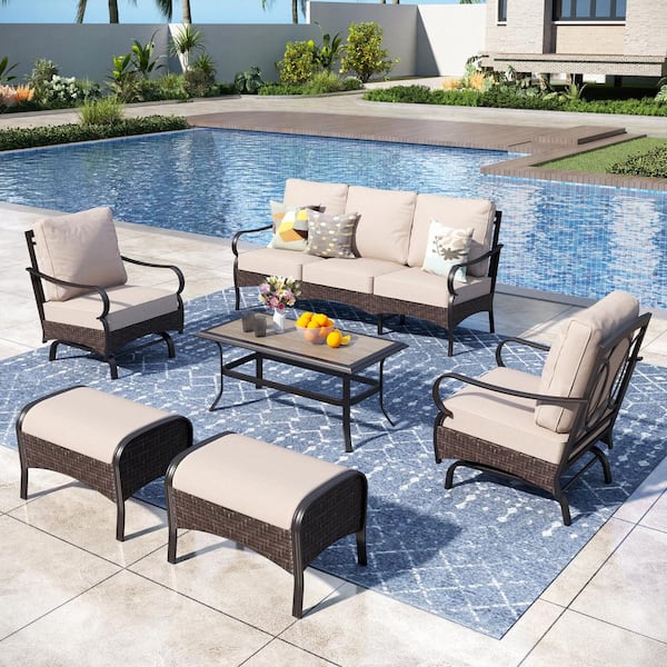 PHI VILLA Metal 7 Seat 6-Piece Outdoor Patio Conversation Set with Beige Cushions, Rocking Chairs, Rectangular Coffee Table
