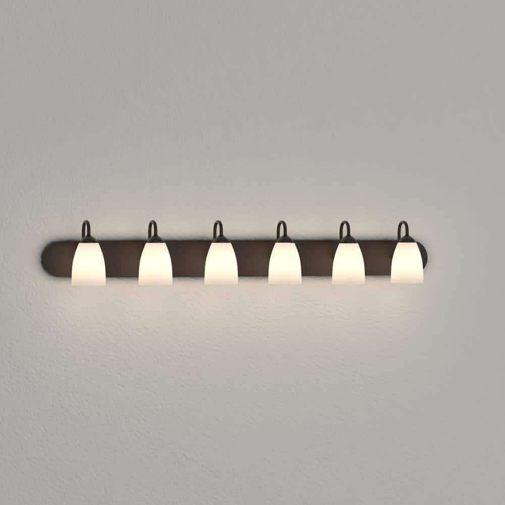 Antique Bronze 48" 6-Light Bath Bracket with Etched Glass Shades