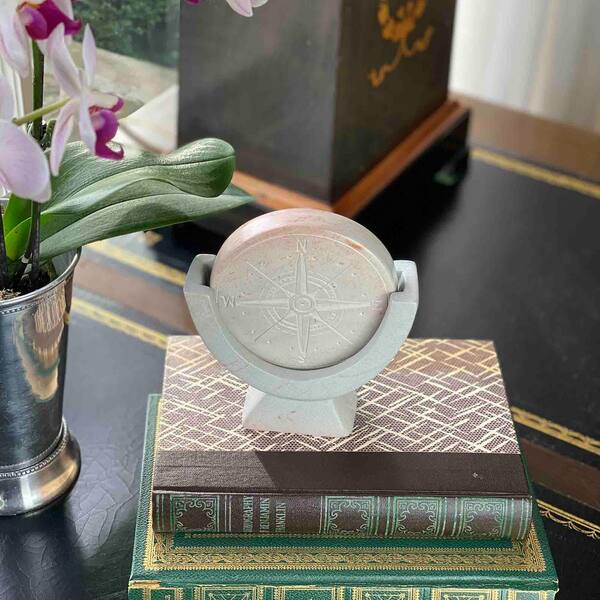 Light Gray Stone Compass Soapstone Sculpture KSACMP-LG_GWH - The