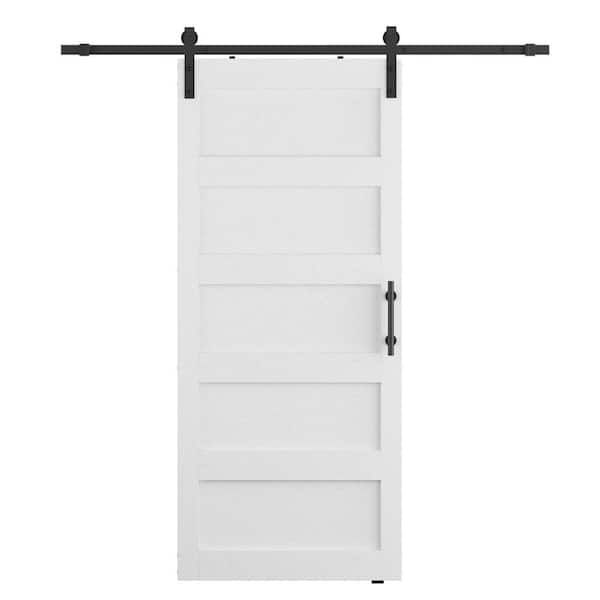 SOCBAZZAR 28 in. x 84 in. Classic 5-Plank White MDF Sliding Barn Door with Hardware Kit