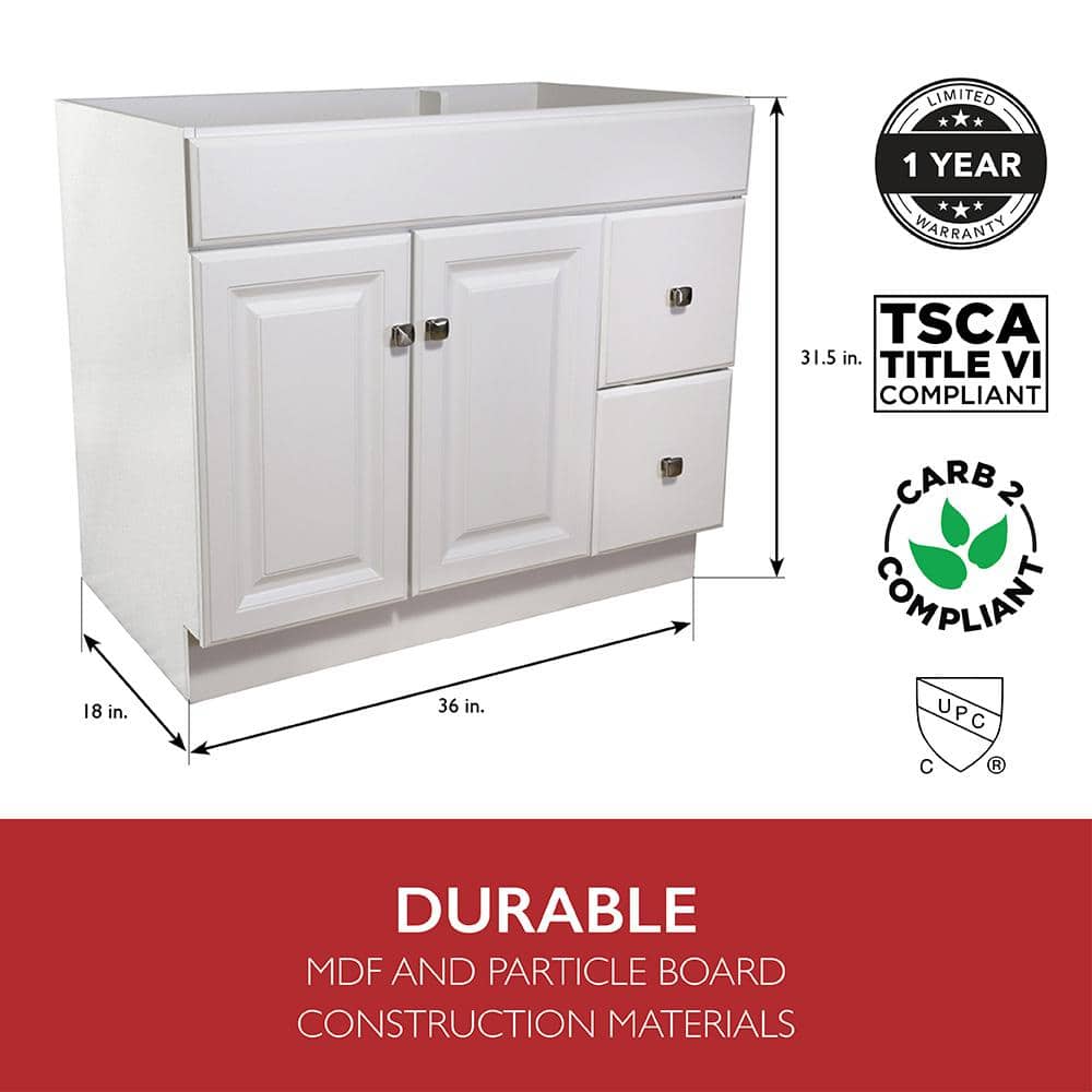 Wyndham 36" White Solid Wood Bathroom Vanity with Satin Nickel Hardware