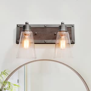 Rustic Bathroom Brown Solid Wood Vanity Light, 2-Light Modern Industrial Steel Wall Sconce with Bell Clear Glass Shades