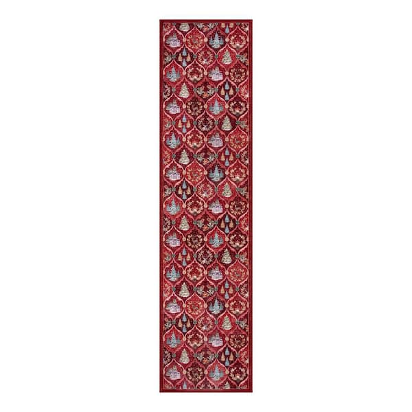 Christmas World 2 ft. x 8 ft. Red Christmas Village Pattern Washable Runner Rug